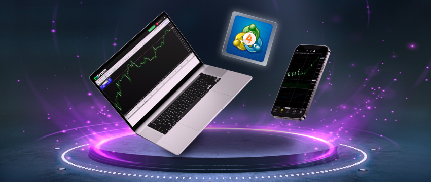 A laptop and mobile phone on a table with a purple background, illustrating a forex trading setup.