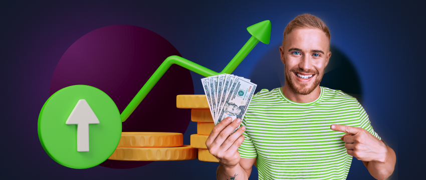 متداول ناجح يحمل المال وسهمًا متجهًا لأعلى، مما يرمز إلى الربح والنصر في سوق الفوركس.