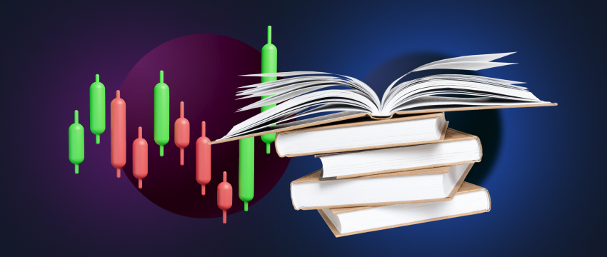 Une pile de livres avec l’un ouvert, à côté d’un graphique boursier, symbolisant l’éducation au trading sur Metatrader 4 et l’analyse financière.