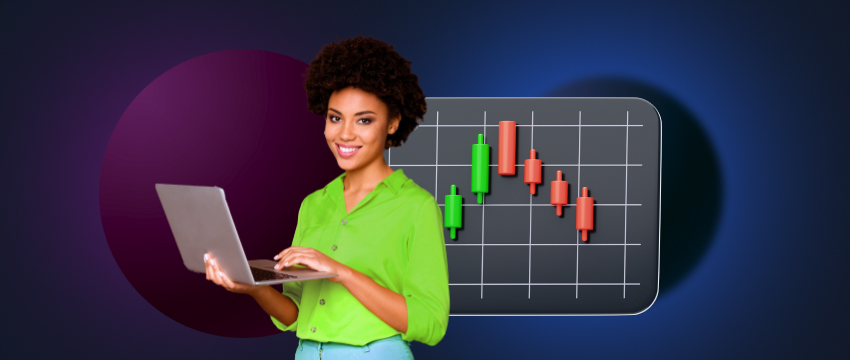 Une femme professionnelle travaillant sur un ordinateur portable, examinant un graphique lié aux activités de la plateforme de trading MT4.
