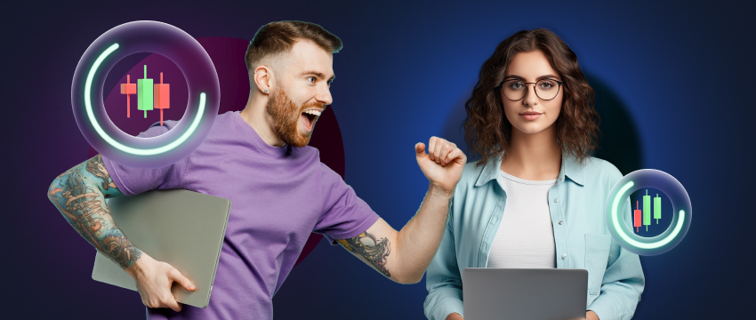 Un homme et une femme avec des ordinateurs portables sont entourés, concentrés sur des graphiques forex et discutant du sentiment des traders fondamentaux.
