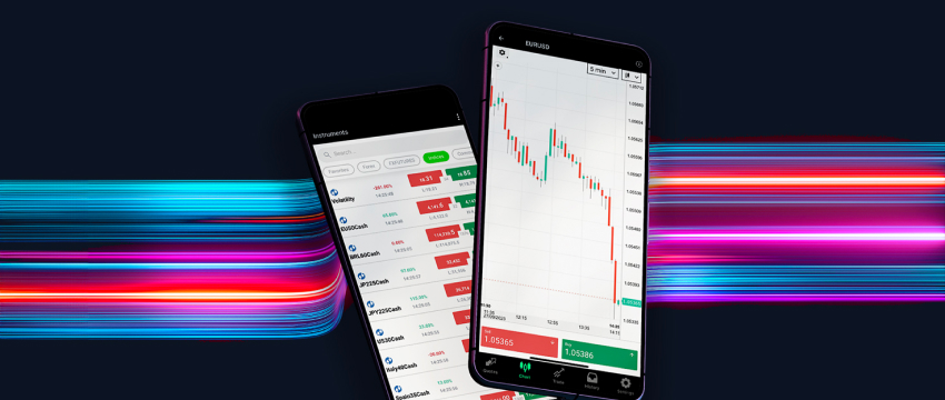 Two smartphones displaying bright, colorful lights, showcasing modern trading platforms