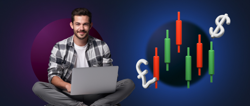 Un trader assis par terre utilisant un ordinateur portable, entouré d’un symbole dollar, représentant le trading et les activités financières.