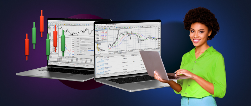 Une femme, trader forex, tient un ordinateur portable affichant un graphique boursier, illustrant son engagement dans l’analyse fondamentale et technique.