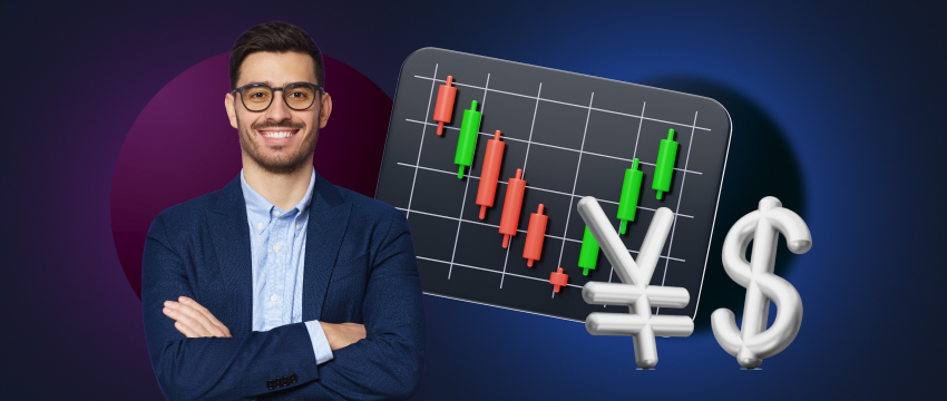 Un hombre con traje posa frente a un gráfico con signos de dólar, destacando los fundamentos del trading de forex en la plataforma dólar-yen.