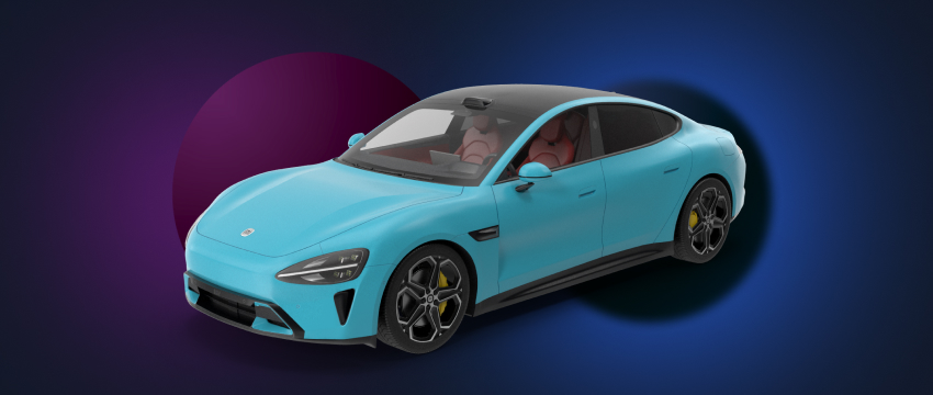 Um carro esportivo azul, representando o desempenho elétrico da Xiaomi, sobre um fundo escuro.