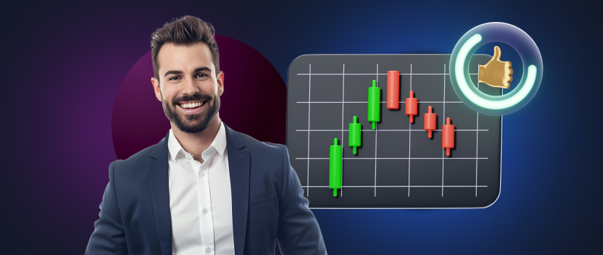 Um trader de terno sorri enquanto exibe um gráfico de forex, representando o sucesso no day trading.