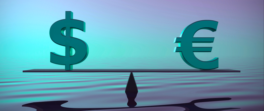 Euro and dollar coins balanced on a scale, symbolizing forex trading and currency valuation.