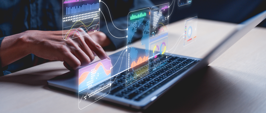 Person analyzing digital financial charts and indicators on a laptop, with holographic trading dashboards and data visualizations representing market analysis tools, likely related to forex or stock trading platforms.