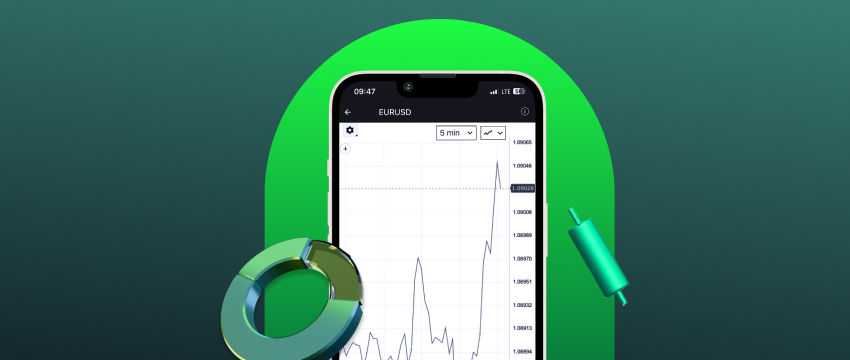 شاشة آيفون تعرض تطبيق تداول العملات الرقمية، مع إبراز أدوات للتداول الأساسي والفني في سوق الفوركس.