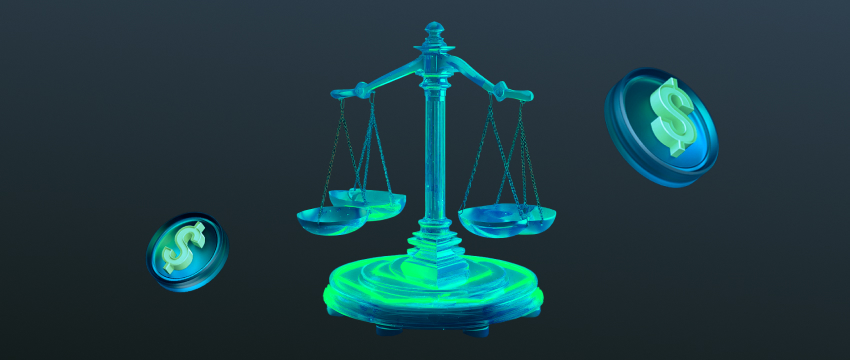 Uma balança com moedas e sinais de dólar, ilustrando o conceito de risco versus recompensa em cenários de alavancagem no forex.