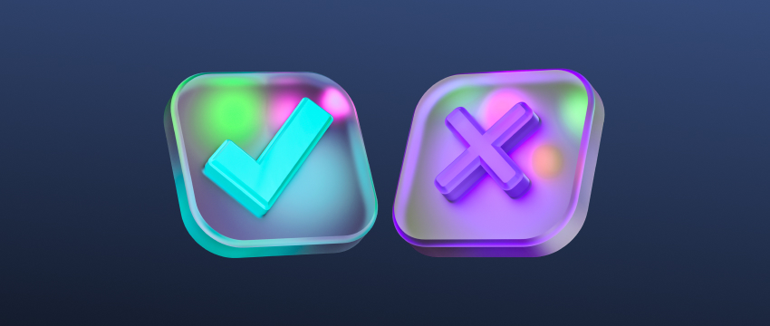 Dos botones brillantes, uno con una marca de verificación y el otro con una X, ilustrando las decisiones a tomar en el trading de forex.