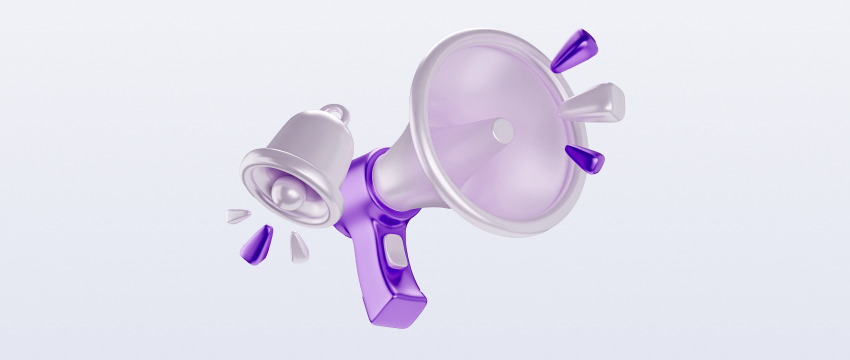 A purple megaphone on a white background, symbolizing announcements related to forex trading events and economic data.