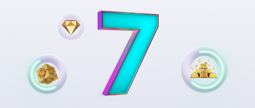A large, turquoise number 7 is centered, surrounded by icons of a diamond, gold coins, and stacked gold bars reflecting the 7 chart patterns used in forex currency and gold trading on a light background.