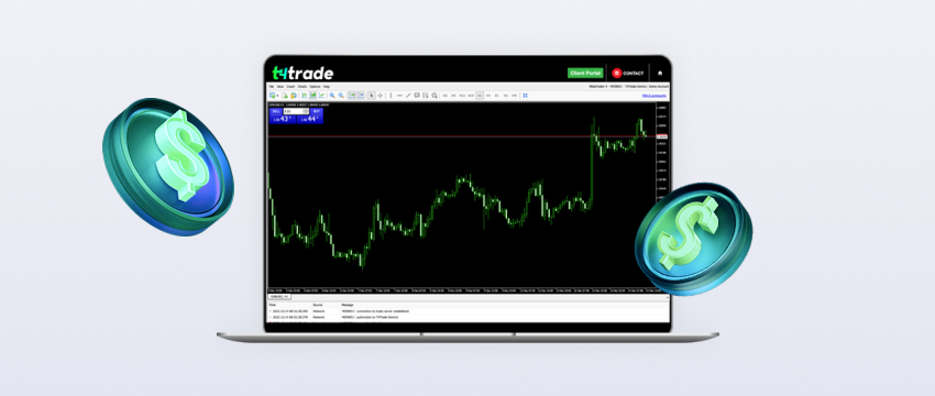 Forex trading interface on a laptop using MetaTrader 4, featuring market charts and trading options.