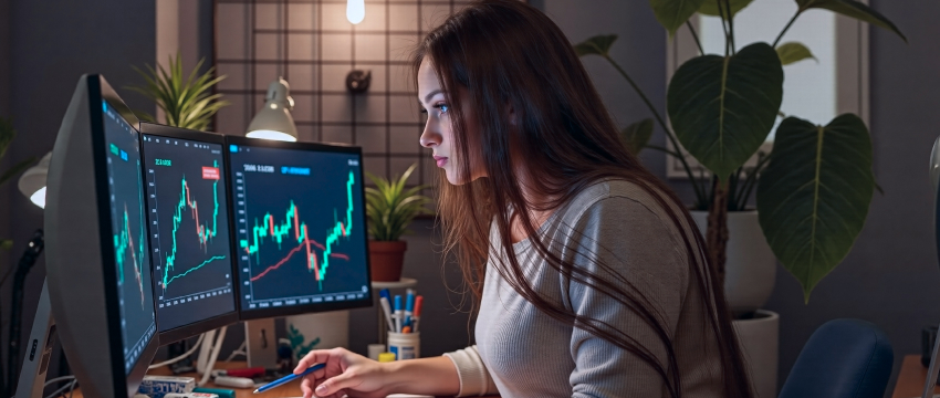 A woman trader working at a desk with two screens showing MT4 stock market graphs, engaged in forex trading activities.
