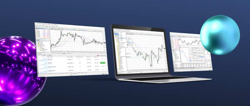 Three laptops and a monitor display trading screens, symbolizing success in fundamental and technical analysis for traders.